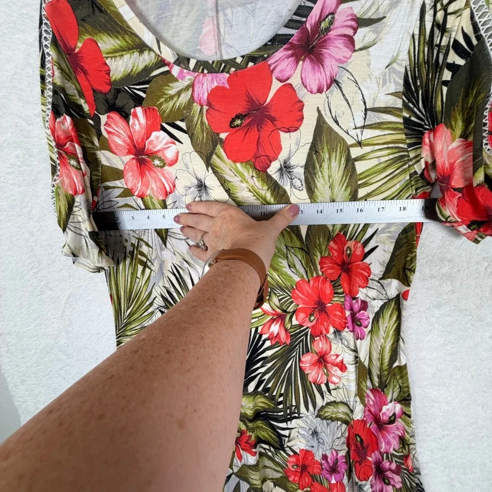 Spense Tropical Floral Dress Women XL Multicolor Shift Hibiscus Ladder Lace Trim - Picture 7 of 10